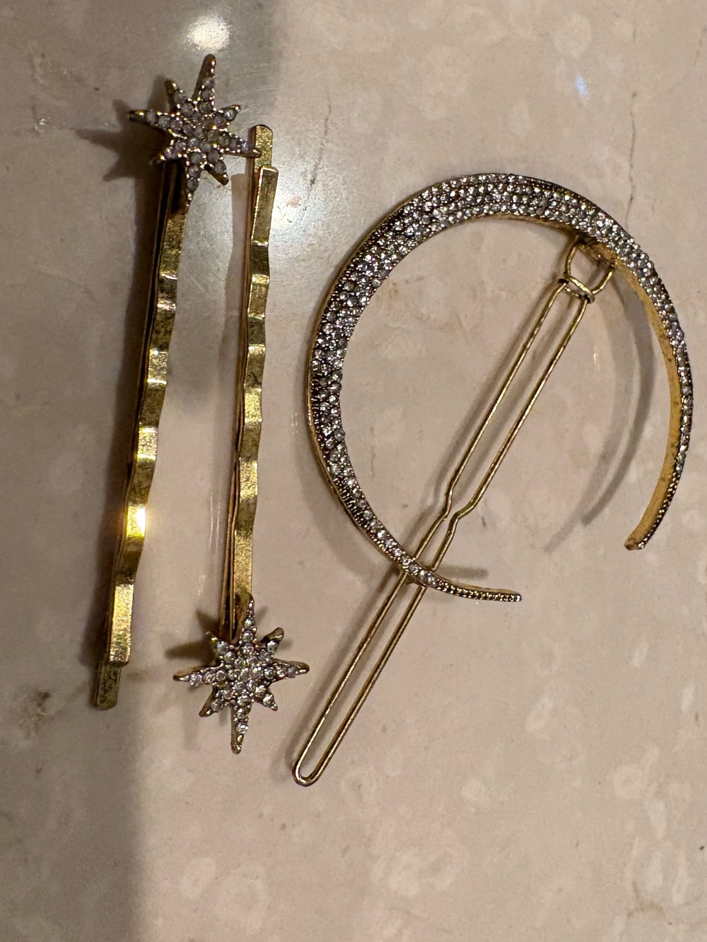 Anthropologie Gold Moon & Star Rhinestone Hair Pin Set (three pieces) - Picture 2 of 4